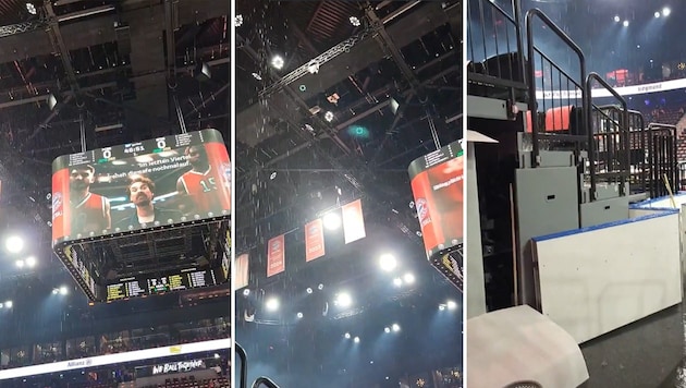 Water dripping from the roofs of the new basketball arena. (Bild: Screenshot x.com/RobertHeusel)