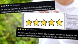 Sind Online-Bewertungen ein verlässlicher Ratgeber? (Bild: Krone KREATIV/Screenshots Google, stock.adobe.com)