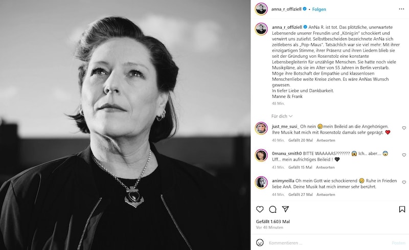 The news of AnNa R's death was published on Instagram. (Bild: www.instagram.com/anna_r_offiziell)