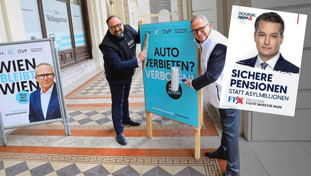 Die FPÖ widmet sich den „Asylmillionen“ (kleines Bild). Mahrer (re.) und Landesgeschäftsführer Peter Sverak plakatieren gleich selbst. (Bild: Krone KREATIV/Jöchl, FPÖ Wien)