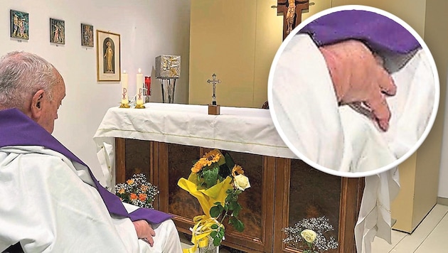 It is the first picture of the Holy Father since he was admitted to the Gemelli Clinic. Believers are worried about the swollen hand. (Bild: Krone KREATIV/HOLY SEE PRESS OFFICE / EPA)