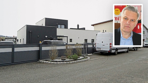 Vor dieser Villa kam es zu wüsten Szenen – das Auto fuhr auf den Anwalt Arbacher-Stöger (kl. Bild) zu. (Bild: Krone KREATIV/Jannes Erwin, Bartel Gerhard, Krone KREATIV)