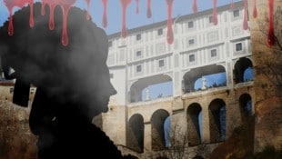 Die angebliche Vampirfürstin vor der Mantelbrücke von Schloss Krumau, über die sie nachts immer wanderte (Bild: Krone KREATIV/APA, picturedesk, stock.adobe.com)