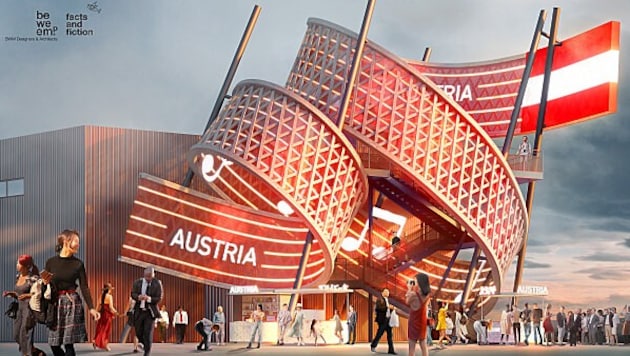 Den Österreich-Pavillon ziert eine große Holzschleife. (Bild: Expo Austria)