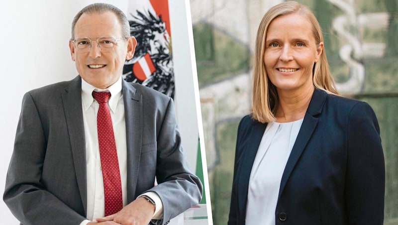 Gunther Riedlsperger ist Spitzenkandidat der ÖVP, Maria Huber führt die „Grünen und Bürgerliste“ an.  (Bild: Krone KREATIV/Marusa Puhek, Marija Kanizaj)