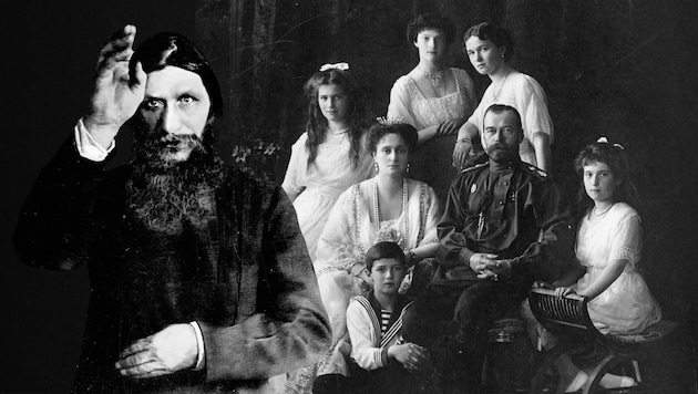 Rasputin sowie Zar Nikolaus II., Zarin Alexandra, die vier Töchter und Thronfolger Alexei