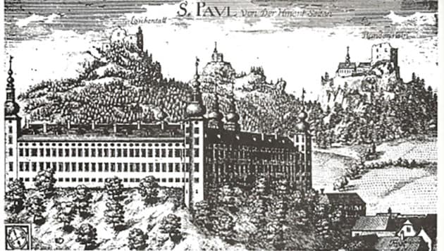 Kloster St. Paul und Burg Rabenstein (rechts) Ende des 17. Jahrhunderts auf einem Stich nach Valvasor. Aus: Topographia Archiducatus Carinthiae 1688 (Bild: Geschichtsverein für Kärnten gemeinfrei)