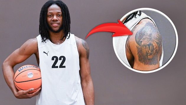 Wels-Topscorer Damion Rosser und sein Löwen-Tattoo am linken Oberarm. (Bild: Krone KREATIV/Uwe Winter/SMP)