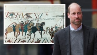 Zwei Williams und dazwischen ein Jahrtausend: William der Eroberer (auf dem schwarzen Pferd) im Jahr 1066 und Prinz William im 21. Jahrhundert.  (Bild: Krone KREATIV/APA Picturedesk)