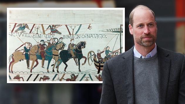 Zwei Williams und dazwischen ein Jahrtausend: William der Eroberer (auf dem schwarzen Pferd) im Jahr 1066 und Prinz William im 21. Jahrhundert.  (Bild: Krone KREATIV/APA Picturedesk)