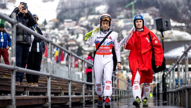 Einer holt sich die große Gesamtweltcup-Kugel! Jan Hörl (li.) und Daniel Tschofenig. (Bild: GEPA)