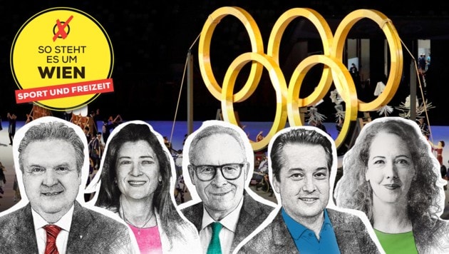 Die Spitzenkandidaten beantworten Fragen zum Thema Sport und Freizeit. (Bild: Krone KREATIV/Christof Bierbaumer, Martin Jöchl (2), Peter Tomschi, Grüne Wien, NEOS Wien)