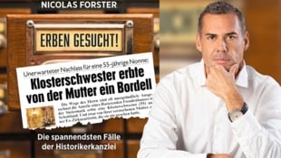 Nicolas Forster fasst viele Fälle im Buch „Erben gesucht!“ zusammen (Residenz Verlag, 26 Euro). (Bild: Krone KREATIV/Fotostudio Floyd/Dr. Nicolas Forster, Residenz Verlag, Kronen Zeitung)