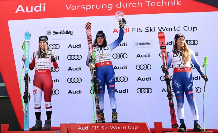 Conny Hütter, Federica Brignone und Sofia Goggia (v.l.n.r.)