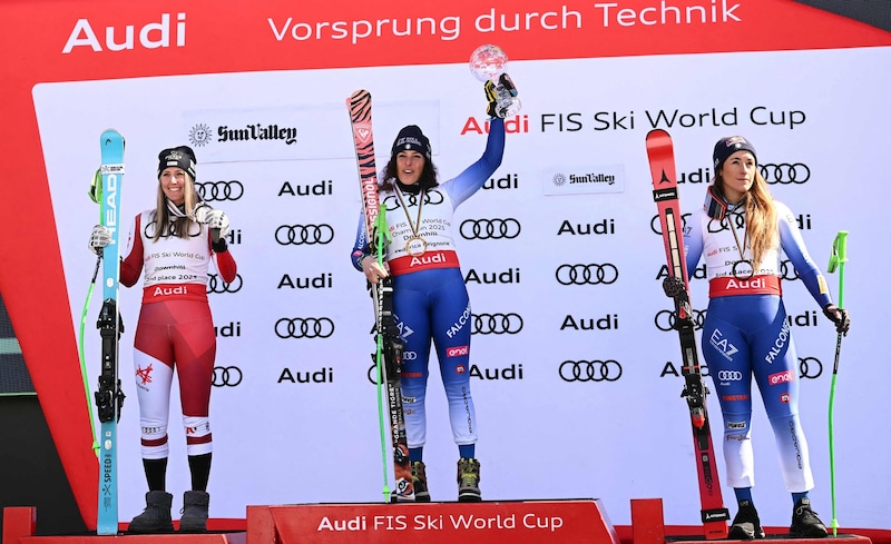 Conny Hütter, Federica Brignone und Sofia Goggia (v.l.n.r.) (Bild: AFP/PATRICK T. FALLON)