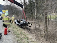 Das Auto wurde von Bäumen gestoppt. Die Beifahrerin konnte sich aus dem Wagen nicht selbst befreien. (Bild: APA/FEUERWEHR SAAFLELDEN)