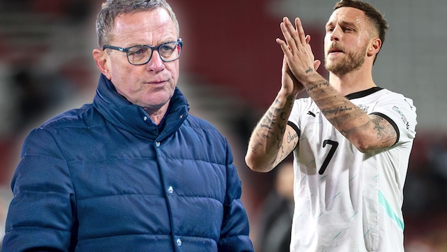 Teamchef Ralf Rangnick und Marko Arnautovic (Bild: Krone KREATIV/GEPA pictures)