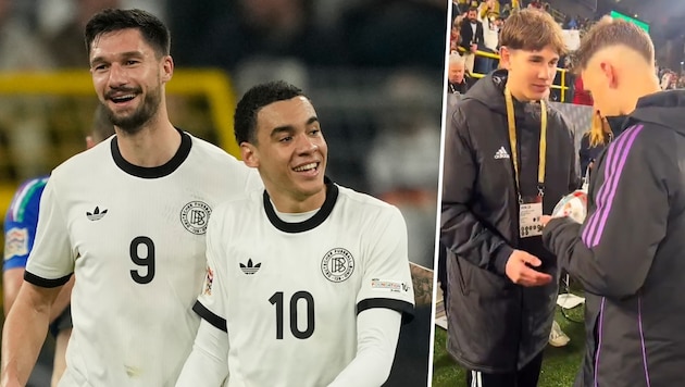 Der 15-jährige Noel Urbaniak wurde nach seinem „Assist“ beim DFB-Match gefeiert. (Bild: Krone KREATIV/Associated Press/Martin Meissner, x.com/iMiaSanMia)