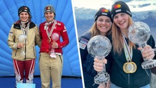 Die kleinen Kristallkugeln sind Geschichte. Veronika und Elisabeth Aigner erhielten beim Paraski-Weltcupfinale in Veysonnaz erstmals das echte „FIS-Kristall“. (Bild: Krone KREATIV/Ski Austria)