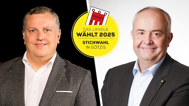 In Götzis will Manfred Böhmwalder sein Bürgermeisteramt verteidigen. Doch der ehemalige Bundesrat Christoph Längle (l.) will ihm dieses nicht kampflos überlassen. (Bild: Krone KREATIV/Mathisfotografie, Jens Ellensohn)