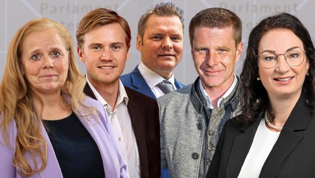 Monika Langs (Liste „MUT“), Niklas Brandstätter (Neos), Markus Schiffer (SPÖ), Patrick Rosenberger (ÖVP), Nicole Sunitsch (FPÖ) (Bild: Krone KREATIV/SPÖ Steiermark, Johannes Zinner, Neos Steiermark, Christian Jauschowetz, Jürgen Fuchs)