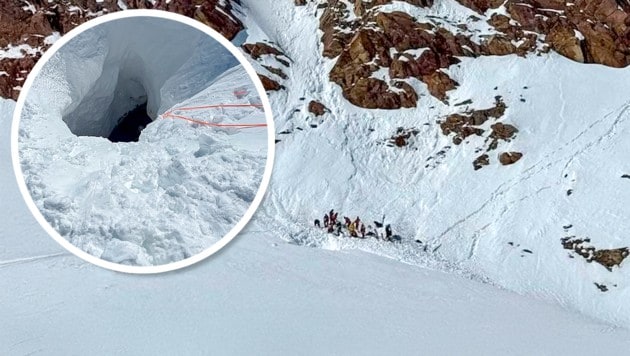 Dramatischer Rettungseinsatz am Gurgler Ferner – dieses Loch wurde für zwei Einheimische zur Todesfalle. (Bild: Krone KREATIV/Bergrettung Obergurgl)