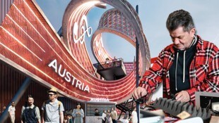 Bodenleger, Tüftler, Erfinder: Carl Lechleitner (re.) ist mit seiner Entwicklung bei der Expo im Österreich-Pavillon vertreten.  (Bild: Krone KREATIV/Markus Wenzel, Expo Austria/BWM Designers & Architects)