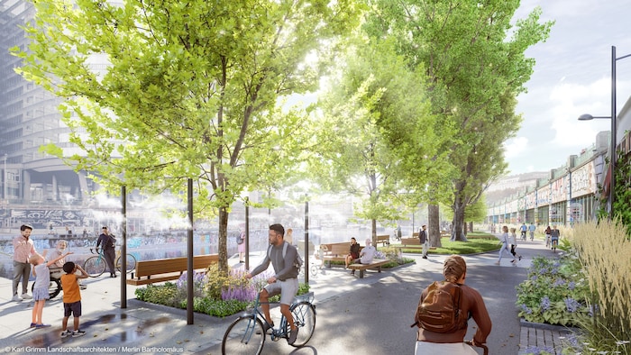 Der Radweg wird an die Grenze zur U-Bahn-Trasse verlegt, den Fußgängern gehört die Uferkante.