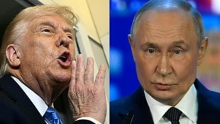 US-Präsident Donald Trump und Kreml-Chef Wladimir Putin haben mehr als zwei Stunden miteinander telefoniert. Die beiden schwärmen vom Telefonat, die Ukraine und EU sind besorgt. (Bild: AFP/BRENDAN SMIALOWSKI, OLGA MALTSEVA)