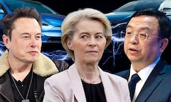 EU-Kommissionspräsidentin Ursula von der Leyen im Würgegriff von Tesla-Chef Elon Musk und ...