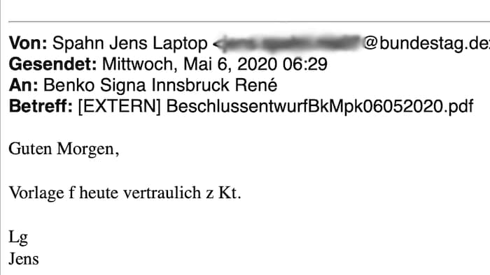 „Vertraulich“: Spahn übermittelt um 6:29 Uhr einen Beschlussentwurf an Benko