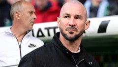 Christian Ilzer (rechts) hat für seine Meister-Ansage ordentlich Spott kassiert – auch von Mario Basler.  (Bild: Krone KREATIV/GEPA pictures)