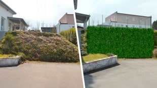 Statt der Böschung vor ihrem Haus hätte eine Ohlsdorfer Familie eine gerade Stützmauer errichten wollen (r.). Die Gemeinde legte sich aber quer. (Bild: Krone KREATIV/ZVG Lang)