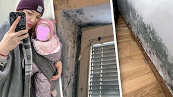 Lara Hoyda fürchtet um die Gesundheit ihres Babys. Zwei Fälle von argem Schimmel im Gemeindebau. (Bild: Krone KREATIV/Privat)