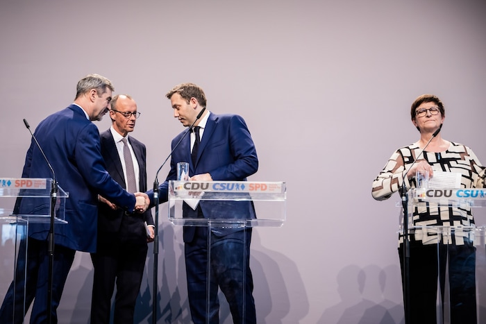Markus Söder, Friedrich Merz mit Lars Klingbeil und Saskia Esken