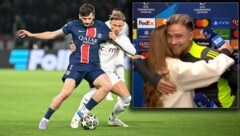 Matty Cash bekam nach dem Champions-League-Spiel gegen PSG eine Umarmung der Reporterin. (Bild: AFP/APA/Bertrand GUAY, X/eurofootcom)