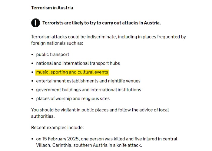 Das britische Außenministerium warnt vor Reisen nach Österreich – bei Veranstaltungen gebe es die Gefahr von Terror-Anschlägen.