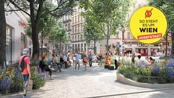 Josef-Matthias- Hauer-Platz soll das neue Zentrum des 8. Bezirks werden. Ein solches fehlt bisher. Mehr Grün und mehr Platz für die Fußgänger soll es in Zukunft geben. (Bild: Krone KREATIV/Büro Kandl)