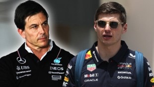 Mercedes-Teamchef Toto Wolff (li.) wird wohl auch in Zukunft auf seine aktuelle Fahrerpaarung setzen und nicht auf Max Verstappen. (Bild: Krone KREATIV/APA/AFP/Fadel SENNA, GEPA Pictures)
