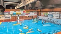 Die Brucker Halle wird für das Cup-Final-Four herausgeputzt. (Bild: Bruck/Weiland)