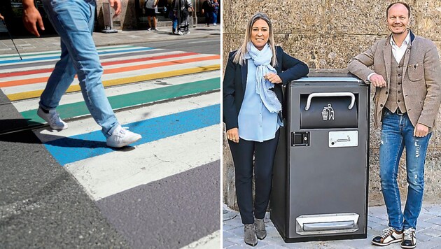 Innsbrucks Bürgermeister Johannes Anzengruber und Stadträtin Mariella Lutz steht die Freude über 14 nagelneue Mülleimer ins Gesicht geschrieben. Auch in der Landeshauptstadt wurden Zebrastreifen mit Regenbogenfarben versehen. (Bild: Christof Birbaumer, pro.media)