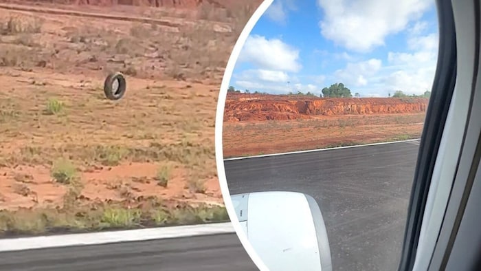 Die Passagiere konnten beobachten, wie der Reifen (links) über die Landebahn davonschoss.