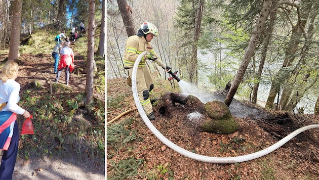 Vor Eintreffen der Feuerwehr begannen Wanderer mit der Bekämpfung des Brandes – mit Wasser, das sie in Hundekot-Sackerl gefüllt hatten. (Bild: ZOOM Tirol)