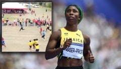 Shelly-Ann Fraser-Pryce siegte auch auf dem Schulacker. (Bild: AFP/APA/Jewel SAMAD, X/mikecmorgan)