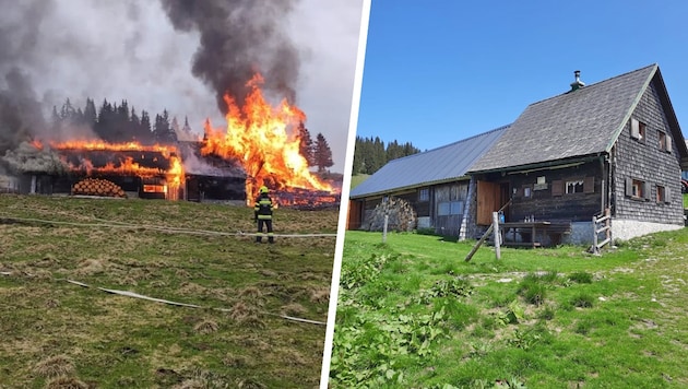 Zwei Hütten fielen auf der Hinteralm den Flammen zum Opfer. (Bild: Krone KREATIV/FF Mürzzuschlag / Fladenhofer)
