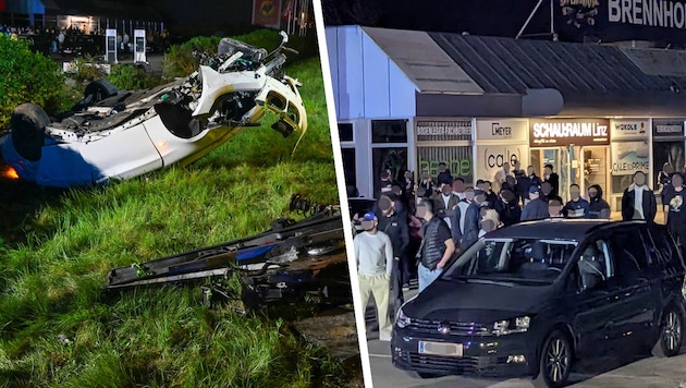 Eine große Zahl an Schaulustigen war am Unfallort, beobachtete die Arbeit der Einsatzkräfte. (Bild: Krone KREATIV/Feuerwehr Traun, Team fotokerschi.at/Gabriel, Kerschbaummayr)