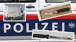Der Fluchtwagen und zwei bei den Taten eingesetzte Messer (Bild: Krone KREATIV/LPD NÖ LKA)