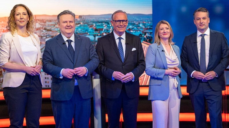 Erstmals in dieser Zusammensetzung bei einer Diskussion: Judith Pühringer (Grüne), Michael Ludwig (SPÖ), Karl Mahrer (ÖVP), Bettina Emmerling (NEOS) und Dominik Nepp (FPÖ) (Bild: Urbantschitsch Mario)