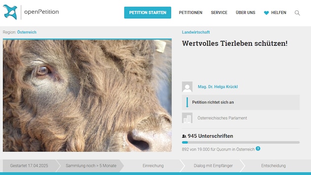Damit Bilder wie das des Massentiergrabes in Hegyeshalom (Artikel unten verlinkt) nicht wieder vorkommen, hat Helga Krückl eine Online-Petition ins Leben gerufen. 19.000 Unterschriften werden benötigt. Sie möchte, dass nicht alle Tiere „vorsorglich“ gekeult werden müssen.  (Bild: Screenshot/ openpetition.eu)