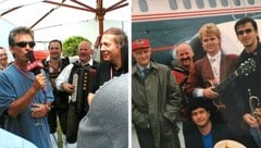Mit George Harrison und Heinz Prüller 2000 in Australien (links), mit Niki Lauda ging es in die Lüfte. (Bild: Krone KREATIV/Josef Fürbass)
